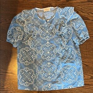 Sezane Blue Eyelet Floral Top